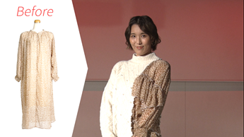 写真:右半身が白、左半身がキリン柄を縫い合わせたリメイクのワンピースを着る女性。左側には、リメイク前のキリン柄のワンピースが映っている。