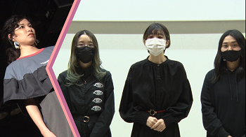 写真:左:リメイクされた服を着る女性。右:三人の女性が並ぶ。