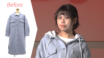 写真:灰色のパーカーを着る女性の上半身。左側には、リメイク前の、灰色のロングコートが映っている。