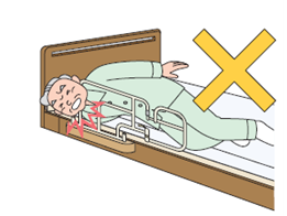 イラスト:ベッドと手すりの間に首の挟まった男性
