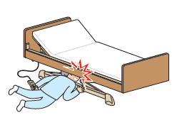 イラスト:ベッドと床の間に頭がはさまれた男性