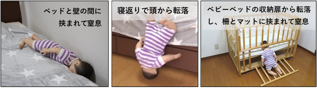 画像:転落事故事例の発生パターンを参考として、ダミー人形を使用した転落事故のイメージ。ベッドガードとベッドとのすき間に0～1歳児を想定した人形が転落しているシーンのイメージ写真3枚。左:ベッドと壁の間に挟まれて窒息 中央:寝返りで頭から転落 右:ベビーベッドの収納扉から転落し、柵とマットに挟まれて窒息