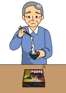 画像:雑煮の餅を食べようとしている高齢者が餅が大きく困っているイラスト