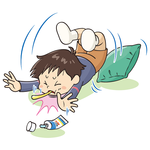 画像:歯ブラシ喉突き事故のイラスト。歯ブラシを口に入れたまま室内を移動中につまづき、転倒したところ。