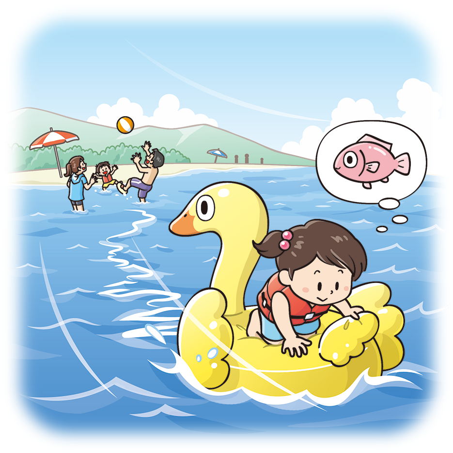 画像:海の事故イラスト。波打ち際で遊んでいる親子。子どもが、ビニール製のフロート(水上で浮く遊具)で沖に流されそうになっているが、気が付いていない。