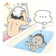 画像:お風呂での事故イラスト。親が髪の毛を洗ってバスタブに背を向けている。バスタブの中では、子供が無言のまま沈んでいる。