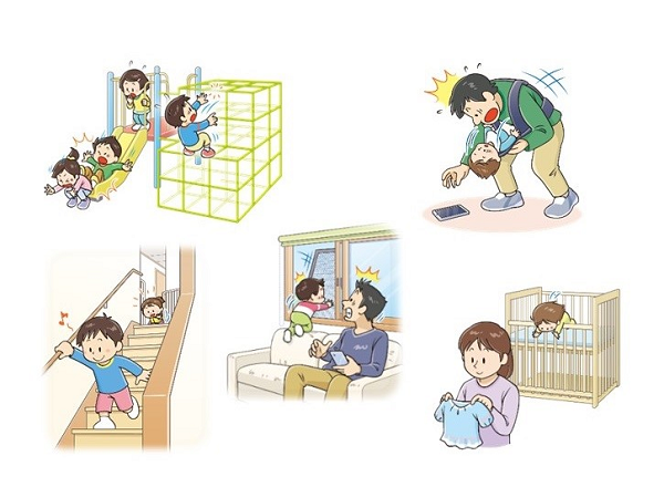 画像:様々な場所(遊具、だっこひも、階段、網戸、ベビーベッド)から子供が転落するシーンのイラスト