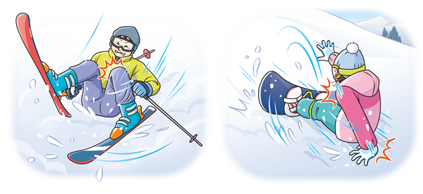 イラスト左:スキーで転んで尻餅をついている人物:イラスト右:スノーボードで後ろ向きに転んでいる人物