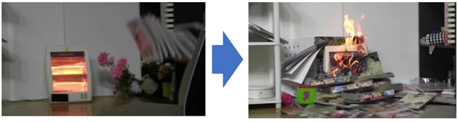 写真:左:電気ストーブの上に、本棚の本が倒れ掛かってきている:右:電気ストーブの上に落ちた本から発火している様子