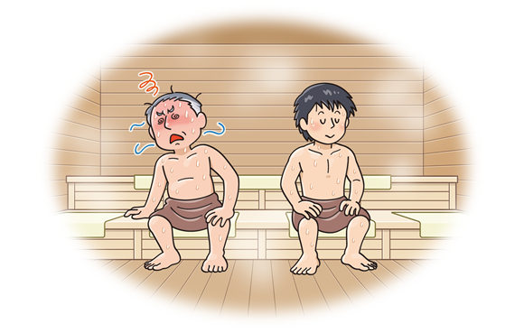 画像: サウナに男性2人が入浴しているイラスト。そのうちの1人が顔を赤らめ、めまいをおこして倒れそうになっている様子