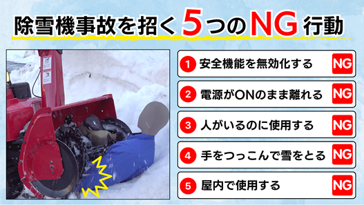 除雪機事故を招く5つのNG行動(1)安全機能を無効化する(2)電源がONのまま離れる(3)人がいるのに使用する(4)手をつっこんで雪をとる(5)屋内で使用する