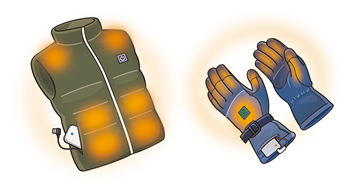左:電熱ウェアと電熱グローブのイラスト:右:電熱ウェアと充電式カイロのイラスト
