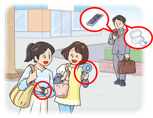(イラスト)日常で身近なリチウムイオン電池を使用した製品(ワイヤレスイヤホン、スマートウォッチ、携帯用扇風機、スマートフォン)