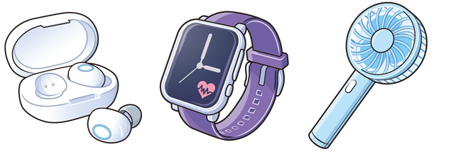 (イラスト)日常で身近なリチウム電池を使用した製品(ワイヤレスイヤホン、スマートウォッチ、携帯用扇風機)