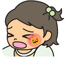 イラスト:タトゥーシールを頬に貼っている子どもが泣いている