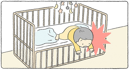 図:子どもがベビーベッドから転落しそうになっているイラスト