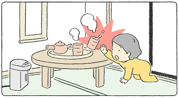 図:子どもがローテーブルの上に置かれた湯呑を倒し、熱いお茶がかかりそうになっているイラスト