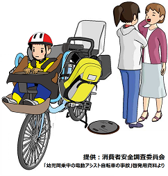 図:子どもを自転車の前座席に乗せたまま、大人が目を離しているイラスト(提供:消費者安全調査委員会「幼児同乗中の電動アシスト自転車の事故」啓発用資料より)
