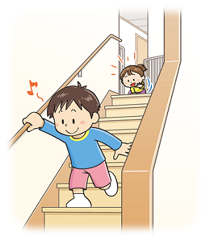 図:階段上に設置したベビーゲートの扉が開いており、幼児が自分で階段を降りようとしているイラスト
