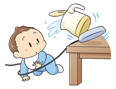 図:ハイハイをしている子どもが電気ケトルのコードに引っかかり、ケトルの中身がこぼれそうになっているイラスト