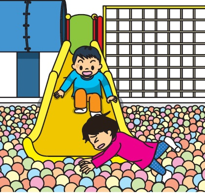 図:キッズスペース内のボールプールで、滑り台からおりてきた子どもと、下で遊んでいた子どもとが衝突しそうになっているイラスト