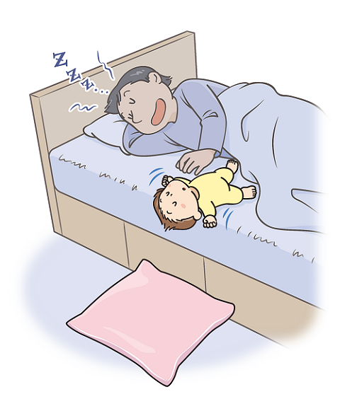 図:子どもが大人用ベッドから転落しそうになっているイラスト