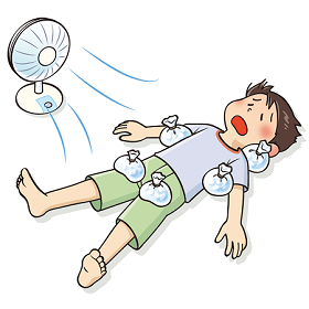 左図:子どもが熱中症になってしまい、応急処置として首の周り、脇の下、太ももの付け根など太い血管の部分を冷やしているイラスト