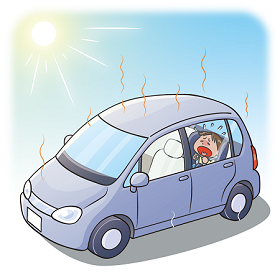 右図:子どもが自動車内に閉じ込められてしまい、熱中症になりそうになっているイラスト