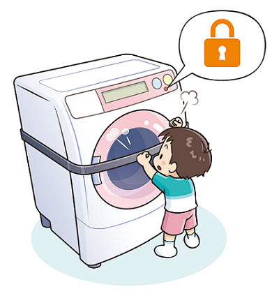 図:「チャイルドロック機能」つけ、さらにゴムバンドを掛けたドラム式洗濯乾燥機と、扉を開けられない子どものイラスト