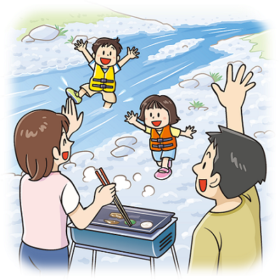 図:河原でバーベキューをしている家族。ライフジャケットを着て川で遊んでいた男の子と女の子が、バーベキューをしている親たちに呼ばれて走り寄ってくるイラスト