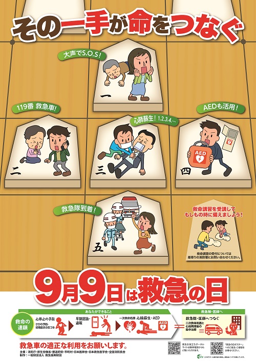 画像:9月9日は「救急の日」のポスター。「その一手が命をつなぐ。9月9日は救急の日 1.大声でSOS! 2.119番救急車、3.心肺蘇生1,2,3,4...、4.AEDも活用! 5.救急隊が到着。救命講習を受講してもしもの時に備えましょう! 救命講習の受付については最寄りの消防署にお問い合わせください。」