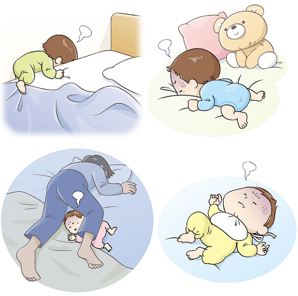 図:子どもの窒息事故啓発のための4つのイラスト。左上 ベッドと壁の間に挟まり窒息しそうな子ども、右上 うつぶせ寝により窒息しそうな子ども、左下 寝ている家族の体で圧迫され窒息しそうな子ども、右下 スタイで首が絞まり窒息しそうになっている子ども