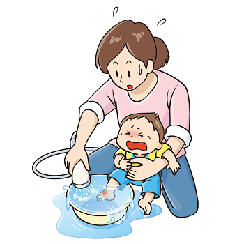 図右:子どもが足をやけどをし、大人が流水で冷やしているイラスト