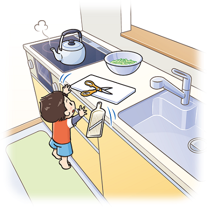 背の低い子どもが、キッチン台の上にあるまな板に下から手をのばし、ずれたまな板に押されて刃物が床に落下するイラスト