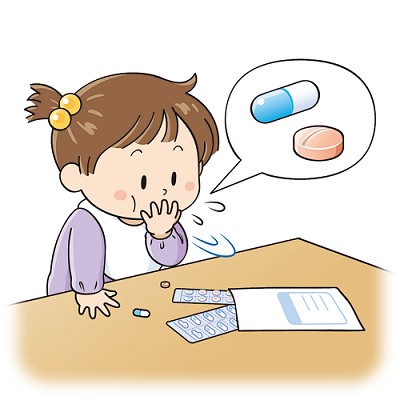 机の上に置いてあった薬を、子どもが誤飲してしまっているイラスト