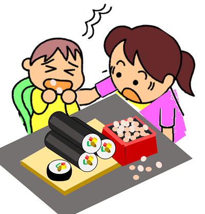 小さな子どもが節分の豆をのどにつまらせ、大人が慌てているイラスト