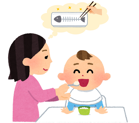 親が、骨を取り除いた魚を子どもに食べさせているイラスト