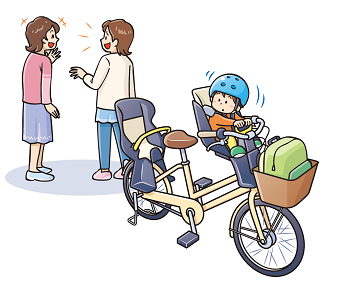 図左:大人が、子どもを自転車の幼児用座席に座らせたまま放置して、談笑しているイラスト
