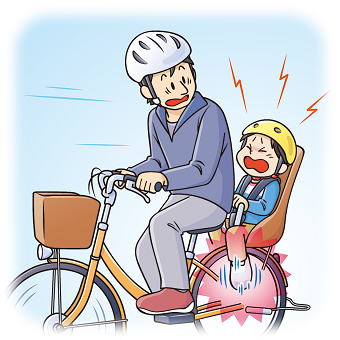 図右:親が漕ぐ自転車の後部に乗せた子どもが、走行中に足が後輪のスポークにあたり、スポーク外傷を受けてしまうイラスト