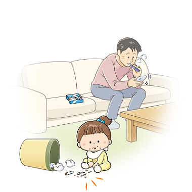 イラスト:親がスマホを見て目を離している隙に、子どもがゴミ箱内の加熱式タバコの吸い殻を食べてしまった