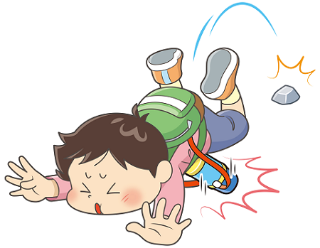 画像:水筒を斜め掛けにした子どもが石に躓いて転倒し地面に当たった水筒が子どものお腹に食い込んで痛がっているイラスト