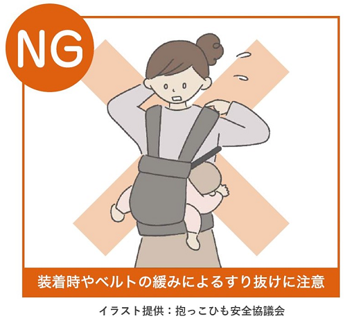 画像:NG「抱っこひもから子どもがすり抜けているイラスト」(抱っこひも安全協議会提供)