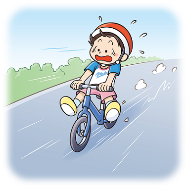 画像: 子どもがペダルなし二輪遊具で坂道を下りながら慌てているイラスト