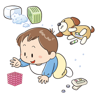 画像: 赤ちゃんが床に落ちているおもちゃにハイハイしながら手を伸ばしている様子のイラスト
