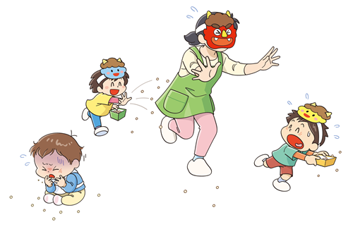 画像: 保育施設で子どもが先生と豆まきをしている様子と豆を喉に詰まらせて苦しそうにしている子ども