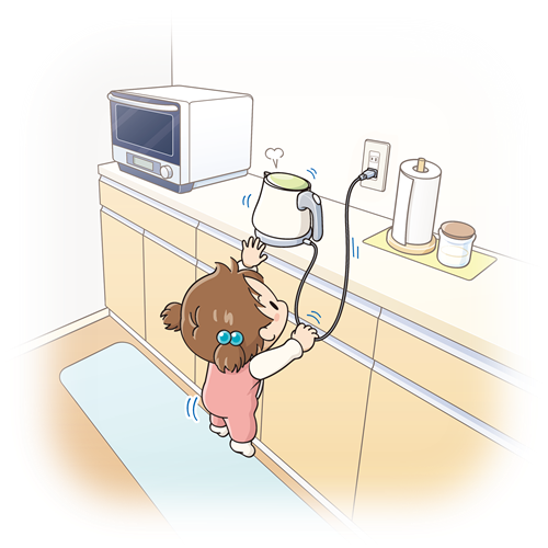 画像: こどもが背伸びをしてキッチン台に置いた電気ケトルを触ろうとしている様子