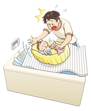 イラスト: お湯を張った浴槽の蓋の上に置いたベビーバスが、中の赤ちゃんごと浴槽内に落ちそうになっている様子