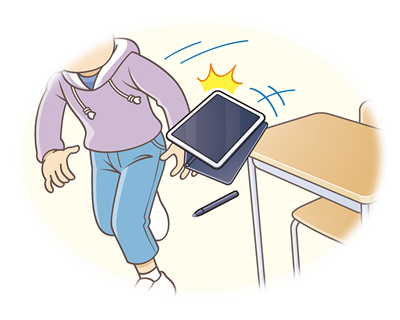 イラスト:歩いているこどもの腕が机の上のタブレット端末に当たり、端末が落ちそうになっている様子