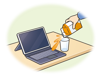 机の上に置いてあるコップにジュースを注ごうとした際に、コップの横に置いてあるタブレット端末に誤ってジュースをこぼしそうになっている様子