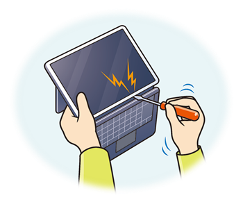 タブレット端末の側面に工具を差し込み、端末を分解しようとしている様子